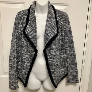 Rachel Zoe Sz Small Tweed Blazer Jacket Black White Fringe Academia Jacket